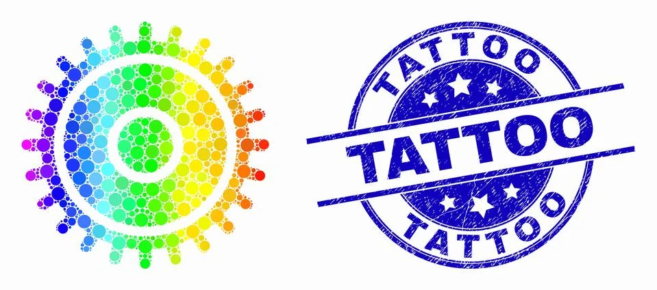 Vector Bright Pixel Cog Icon and Scratched Tattoo Stamp Stock Illustration