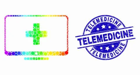 Vector Bright Pixel Computer Medicine Icon and Grunge Telemedicine Stamp Seal Ilustración de archivo