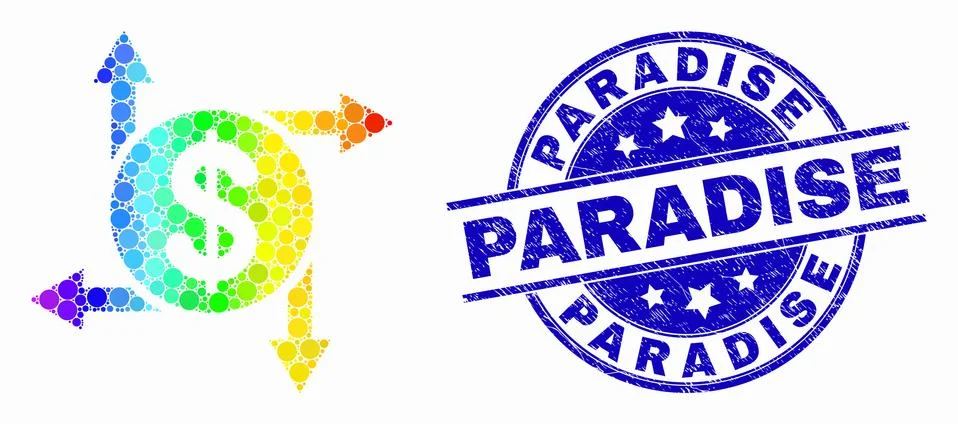 Vector Bright Pixel Dollar Emission Icon and Grunge Paradise Seal 스톡 일러스트