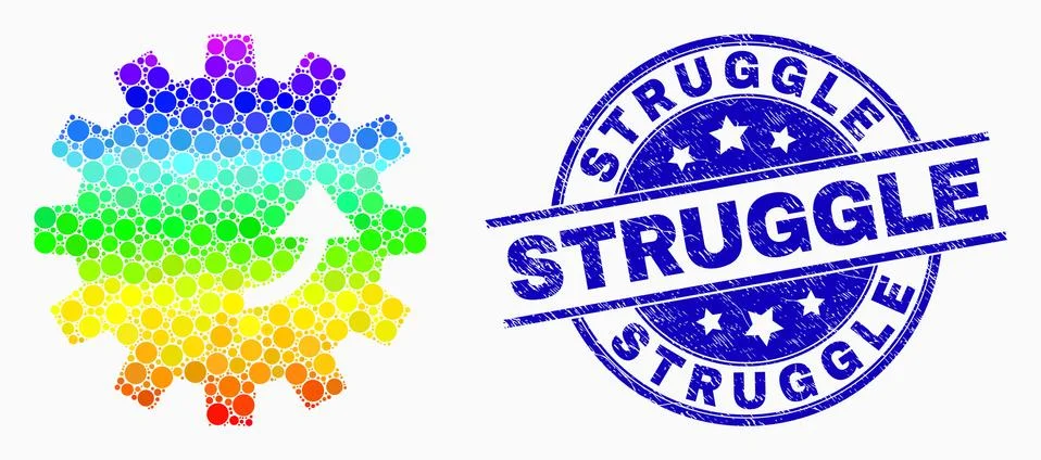 Vector Bright Pixel Gear Rotation Icon and Distress Struggle Stamp Illustrazione stock