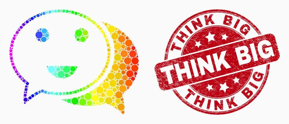 Vector Bright Pixel Happy Chat Icon and Grunge Think Big Stamp Seal Stock Illustration