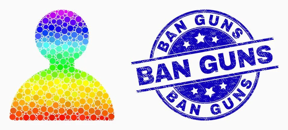 Vector Bright Pixel Man Icon and Distress Ban Guns Watermark Stock Illustration