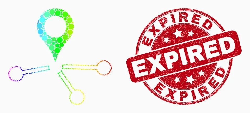 Vector Bright Pixel Map Pointer Links Icon and Scratched Expired Stamp Seal Stock Illustration