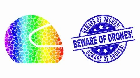 Vector Bright Pixel Motorcycle Helmet Icon and Grunge Beware of Drones! Stamp Illustrazione stock