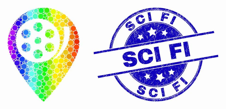 Vector Bright Pixel Movie Map Marker Icon and Grunge Sci Fi Watermark イラスト素材