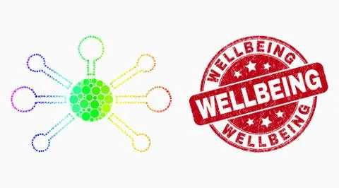 Vector Bright Pixel Node Links Icon and Distress Wellbeing Stamp Seal Illustrazione stock