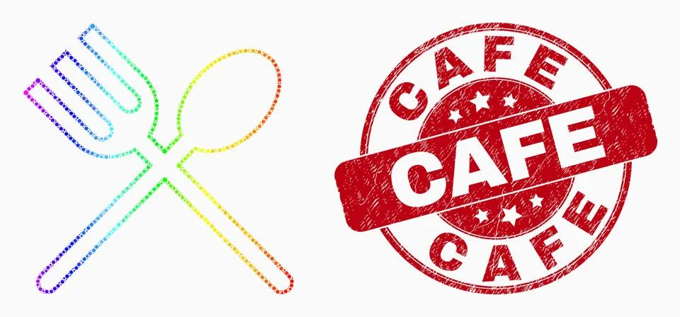 Vector Bright Pixel Spoon and Fork Icon and Grunge Cafe Stamp Stock Illustration