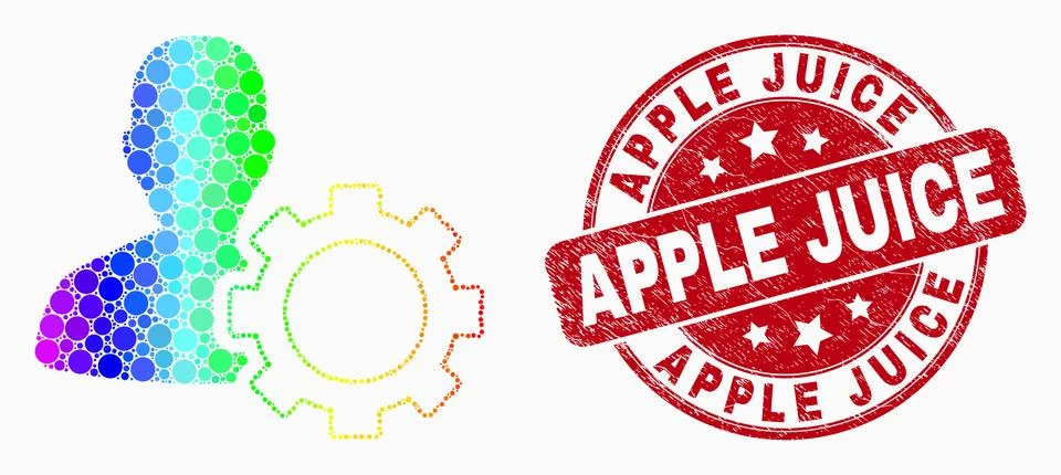 Vector Bright Pixel User Options Gear Icon and Grunge Apple Juice Watermark Illustrazione stock