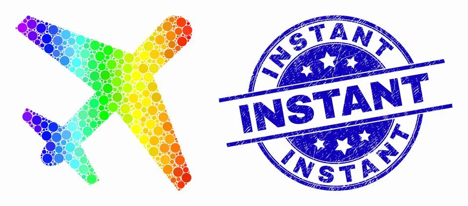 Vector Bright Pixelated Airplane Icon and Scratched Instant Stamp Seal Stock Illustration