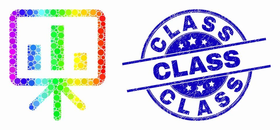 Vector Bright Pixelated Bar Chart Presentation Icon and Distress Class Stamp Stock Illustration