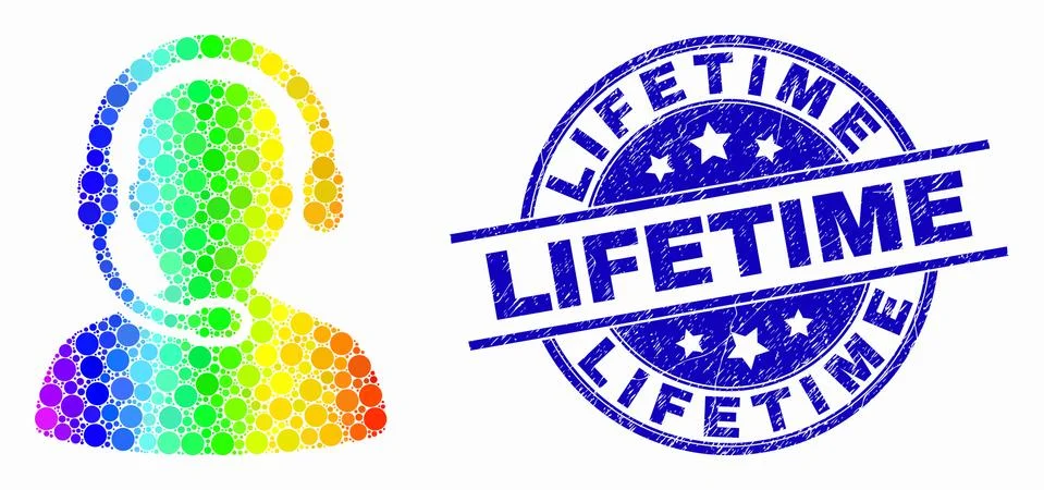Vector Bright Pixelated Call Center Operator Icon and Distress Lifetime Stamp Stock Illustration