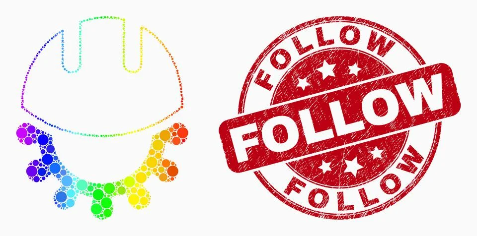 Vector Bright Pixelated Development Helmet Icon and Scratched Follow Stamp Se Illustrazione stock