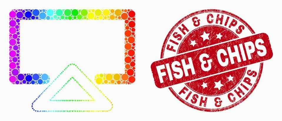 Vector Bright Pixelated Display Icon and Distress Fish &amp; Chips Watermark Stock Illustration
