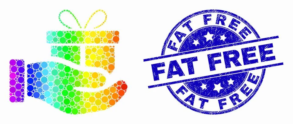 Vector Bright Pixelated Gift Hand Icon and Distress Fat Free Stamp Seal 스톡 일러스트
