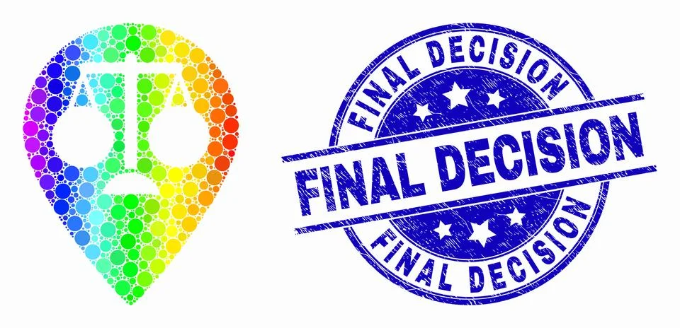 Vector Bright Pixelated Justice Map Marker Icon and Scratched Final Decision Stock Illustration