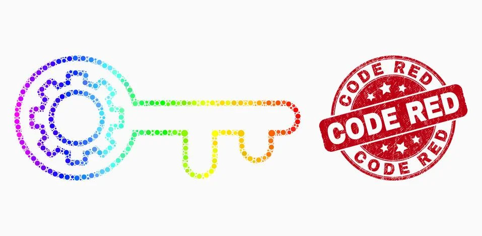 Vector Bright Pixelated Key Gear Icon and Distress Code Red Stamp Seal Stock Illustration