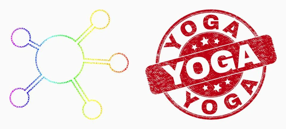 Vector Bright Pixelated Node Links Icon and Grunge Yoga Stamp Stock Illustration