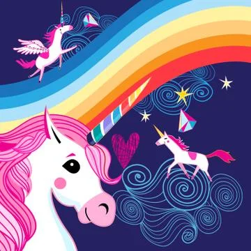Vector bright poster with a rainbow and unicorns Stock Illustration