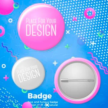 Vector bright realistic badges on abstract background, with geometric shapes Stock Illustration