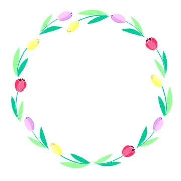 Vector bright round frame, wreath from flat red, pink, yellow tulips. Hand dr Illustrazione stock