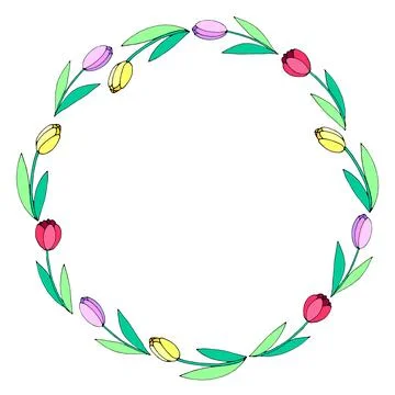Vector bright round frame, wreath from outline red, pink, yellow tulips. Hand Illustrazione stock