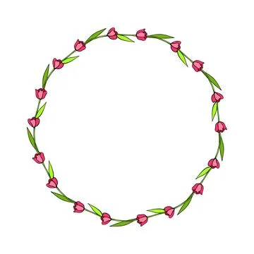 Vector bright round frame, wreath from outline red, tulips. Hand drawn spri.. 스톡 일러스트