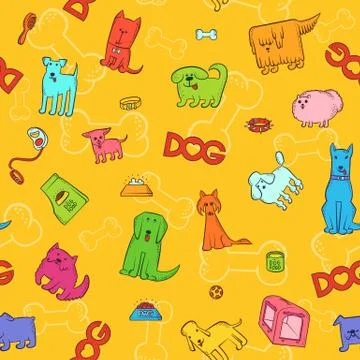 Vector bright seamless pattern of different cartoon dog breeds. Items caring for Stock Illustration