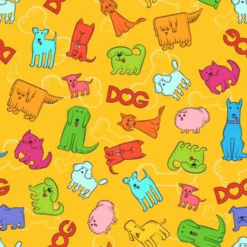 Vector bright seamless pattern of different cartoon dog breeds. Funny caricature Stock-Illustration