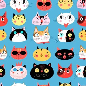 Vector bright seamless pattern of multi-colored cat portraits Illustrazione stock