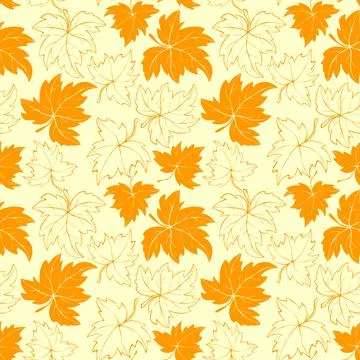 Vector bright seamless pattern with outline falling yellow and orange leaves  스톡 일러스트