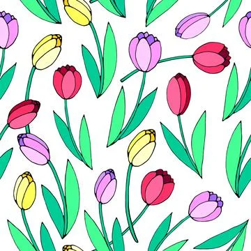 Vector bright seamless pattern with scattered red, pink, yellow tulip flowers Illustrazione stock
