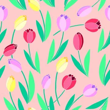 Vector bright seamless pattern with scattered red, pink, yellow tulip flowers 스톡 일러스트