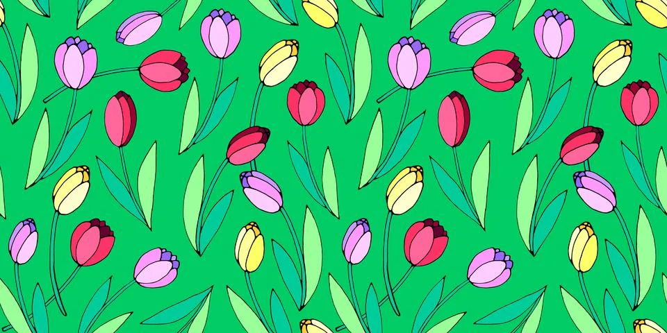 Vector bright seamless pattern with scattered red, pink, yellow tulip flowers Stock Illustration