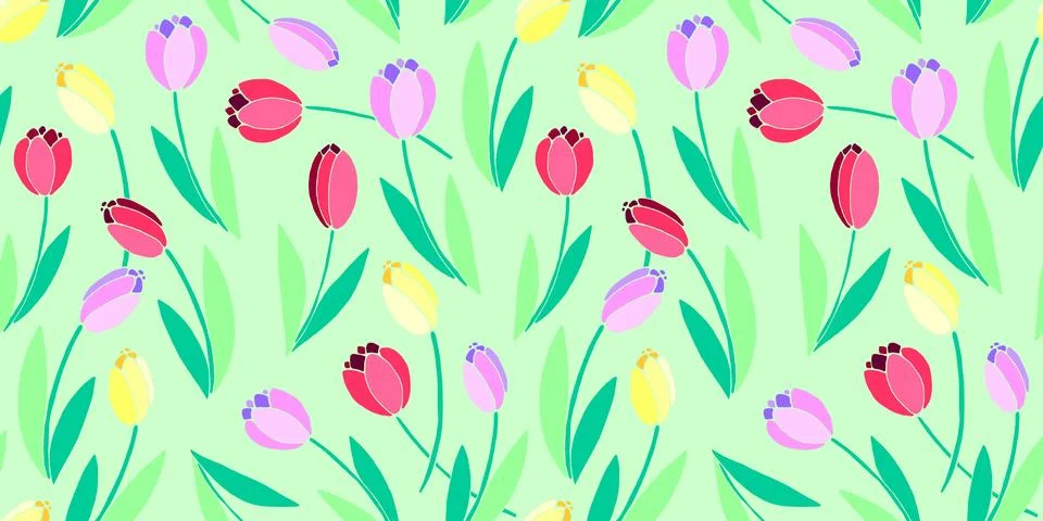 Vector bright seamless pattern with scattered red, pink, yellow tulip flowers 스톡 일러스트