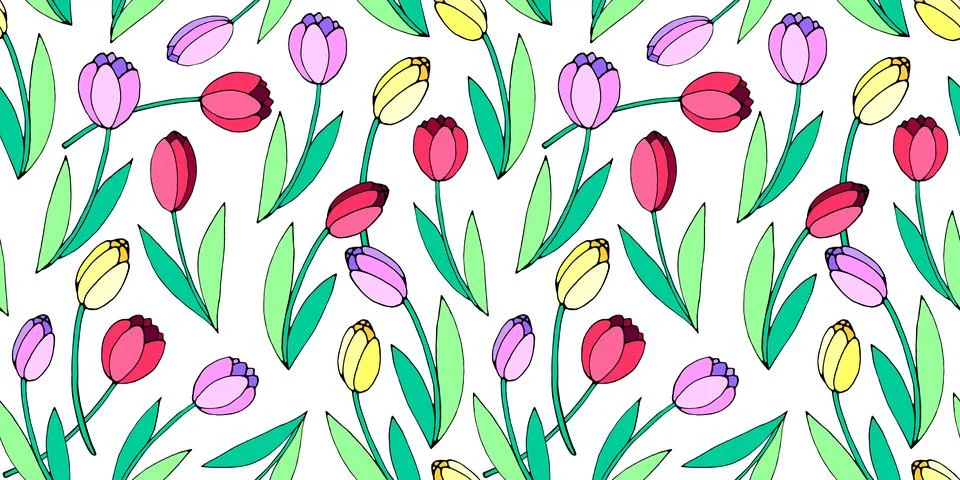 Vector bright seamless pattern with scattered red, pink, yellow tulip flowers Stock Illustration