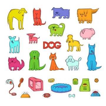 Vector bright set of different cartoon dogs breeds. Items for caring for pet and Stock Illustration