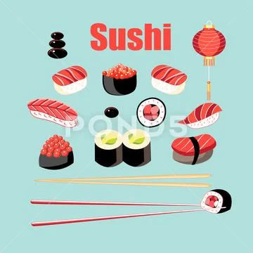 Vector bright set of sushi and rolls with fish Stock Illustration