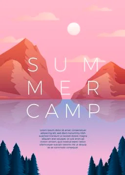 Vector bright summer camp poster template with lake, forest and mountains Stock Illustration