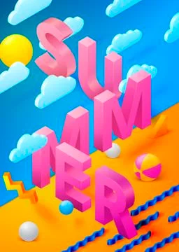 Vector bright summer poster template with 3d paper letters on sand, water Stock Illustration