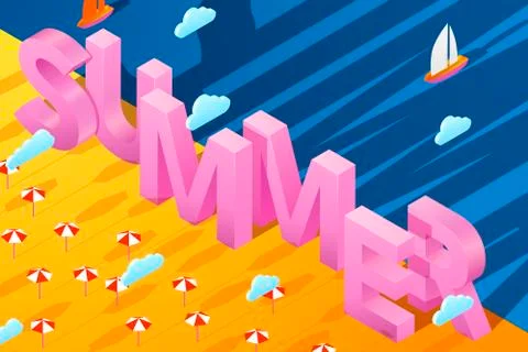 Vector bright summer poster template with 3d paper letters on sand Stock Illustration