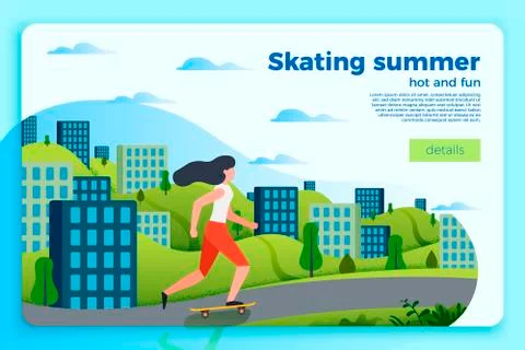 Vector bright summer skating banner template with girl on a skate. Illustrazione stock