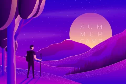 Vector bright violet summer mountain camping poster template with man Stock Illustration