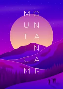 Vector bright violet summer mountain camping poster template with setting sun Stock Illustration