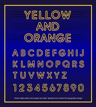 Vector bright yellow and orange neon light alphabet and number font Stock Illustration