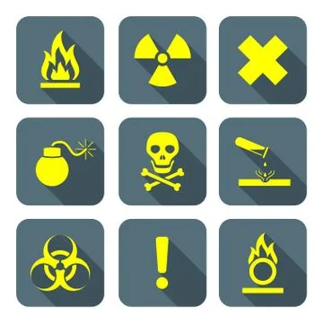 Vector bright yellow color flat style hazardous waste symbols warning signs g Stock Illustration