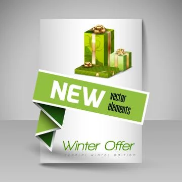 Vector Brochure Design Template with Green Christmas Gifts. Stock Illustration