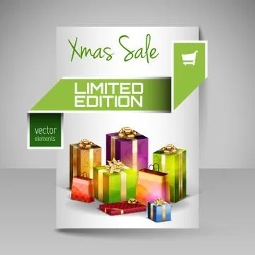 Vector Brochure Design Template with Green Christmas Gifts. Illustrazione stock