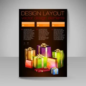 Vector Brochure Design Template with orange Christmas Gifts. Illustrazione stock