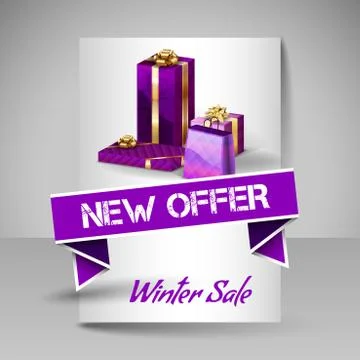 Vector Brochure Design Template with Purple Christmas Gifts. Stock Illustration