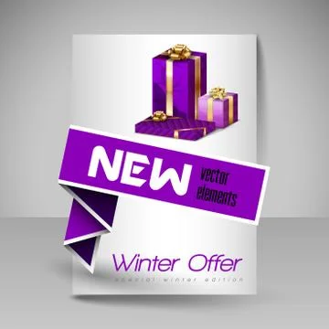 Vector Brochure Design Template with Purple Christmas Gifts. Stock Illustration